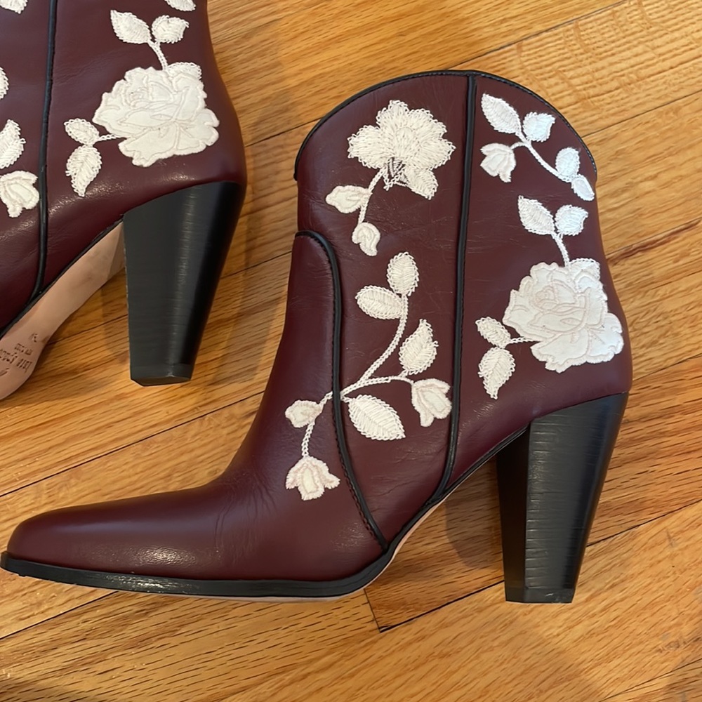 Kate Spade Burgundy Leather Ankle Boots with White Floral Embroidery - Picture 4 of 16
